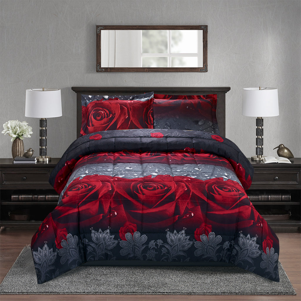 Closeout - 3D Print Red Rose Love All Season Comforter Set-Y28