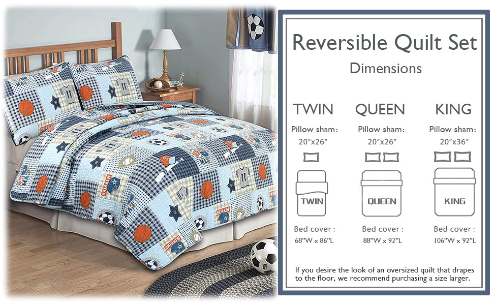 Blue Sports Baseball Basketball Soccer Football Print Patchwork Boy Reversible Quilt Bedding Set