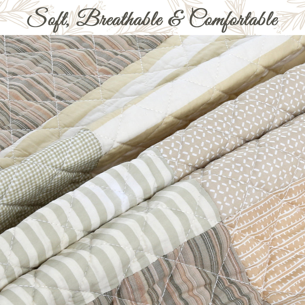 Earth Tone Brown Tan Beige Stripe Checker Real Patchwork 3-Piece Cotton Reversible Quilt Bedding Set