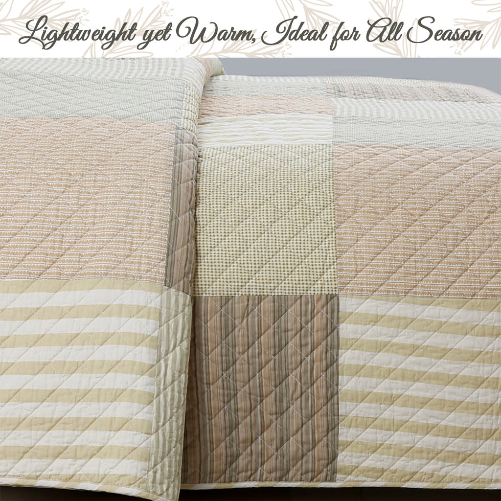 Earth Tone Brown Tan Beige Stripe Checker Real Patchwork 3-Piece Cotton Reversible Quilt Bedding Set