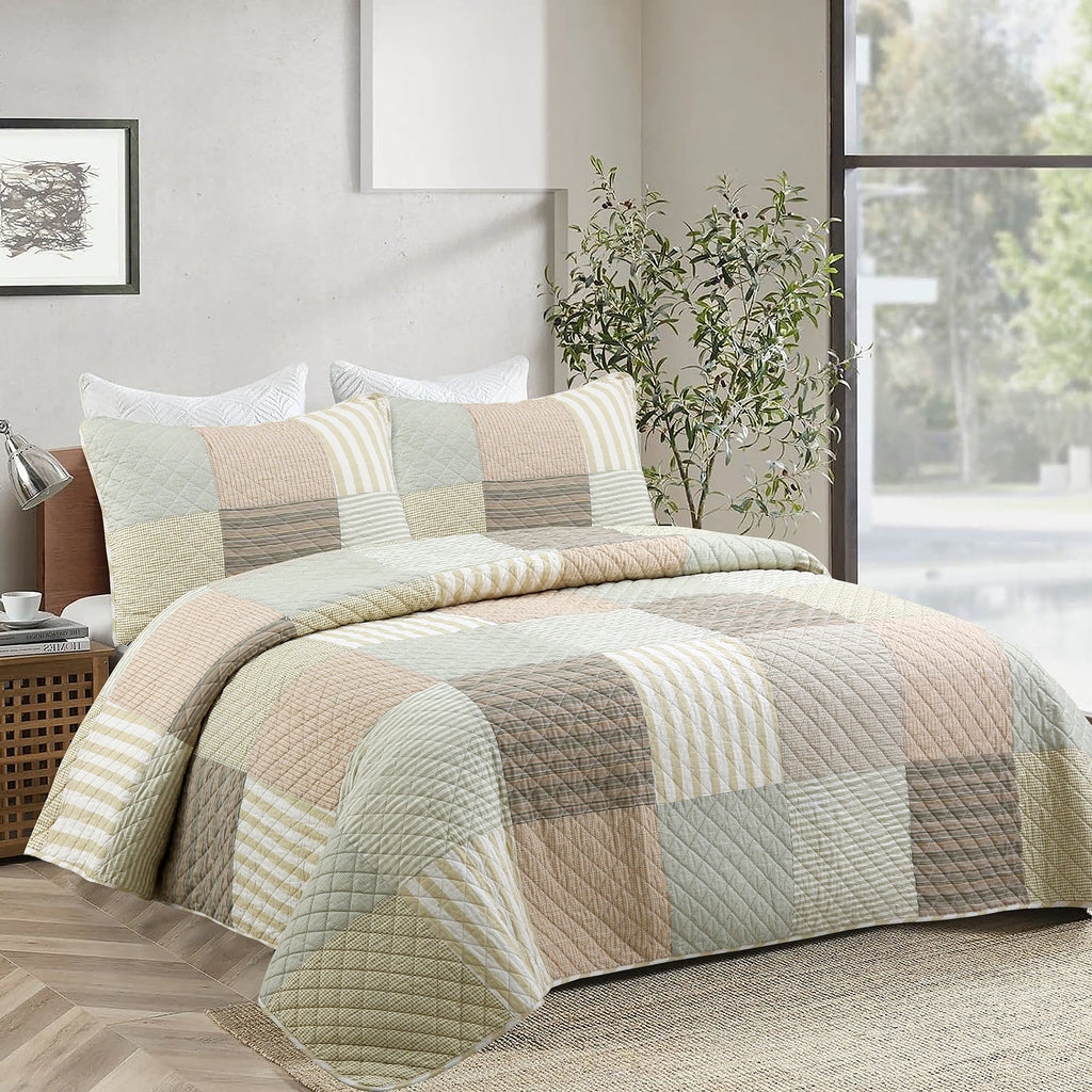 Earth Tone Brown Tan Beige Stripe Checker Real Patchwork 3-Piece Cotton Reversible Quilt Bedding Set
