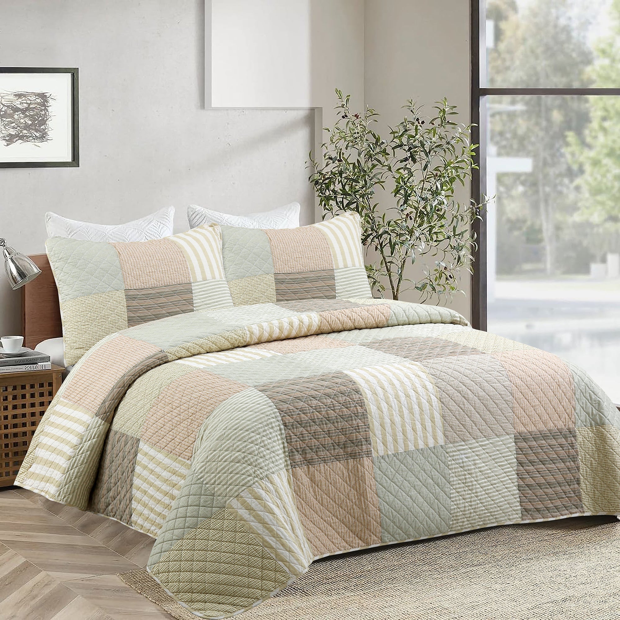 Earth Tone Brown Tan Beige Stripe Checker Real Patchwork 3-Piece Cotton Reversible Quilt Bedding Set